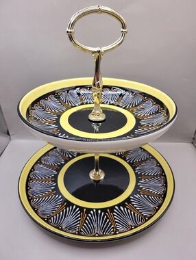 Vintage Quimper France 2 Tier Serving Tray Black Yellow Faience 11” Stand